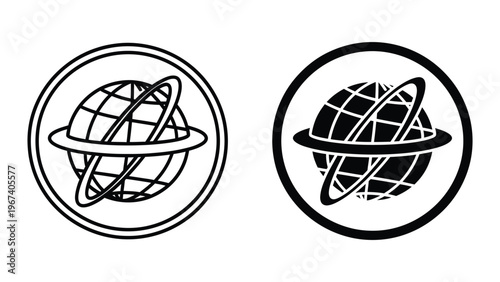 Comparison of two globe icons with orbital rings in contrasting design styles