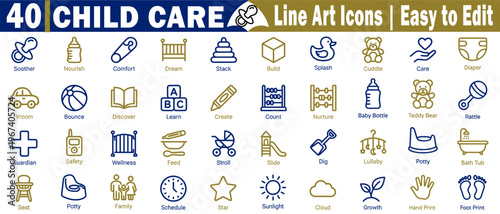 Child care line art icons set. Featuring baby equipment, nursery items, and childhood symbols, including a pacifier, bottle, crib, and toys for infant development. vector illustration.
