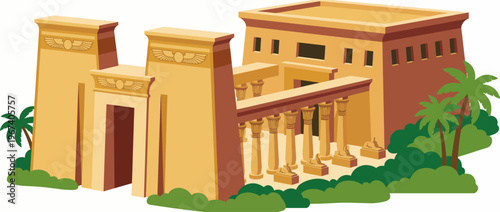 An artistic depiction of an ancient Egyptian temple featuring grand architecture, impressive columns, and iconic symbols inspired by traditional Egyptian designs.