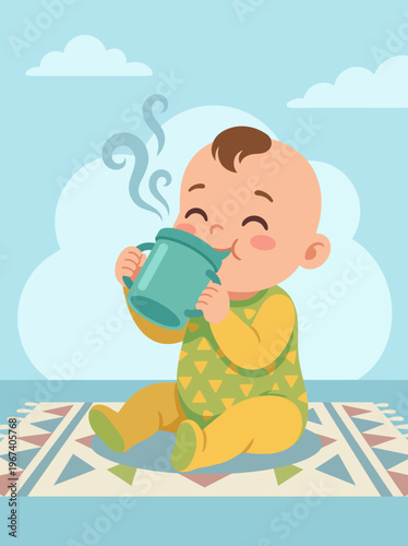 A cheerful baby sits on a colorful rug, sipping from a cup and enjoying a warm drink, exuding joy and innocence in a playful atmosphere with gentle clouds in the background.