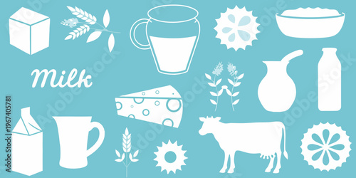 Stylized illustration of dairy products including milk cheese and a cow