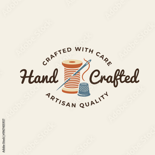 This charming logo emphasizes handcrafted sewing quality with vintage aesthetics, representing artistry, care, and dedication to the craft in a warm, inviting manner.