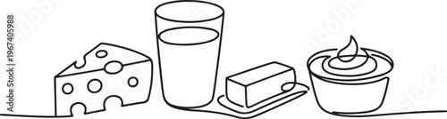 Dairy products in continuous line art drawing style. Cheese, milk, butter and sour cream black linear. one line Icon drawing