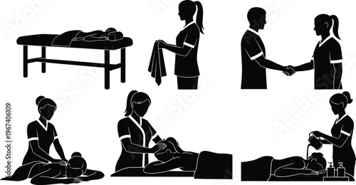 a set of silhouettes showing a massage therapist at work