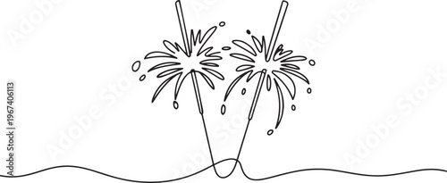 Sparklers burning in continuous line art drawing style. Festive Bengal lights minimalist black linear. one line Icon drawing