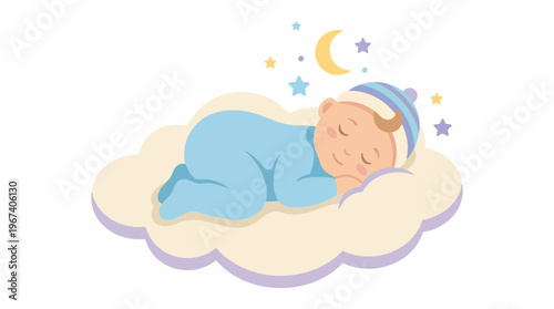 A charming illustration of a peaceful baby sleeping on a fluffy cloud, perfect for children's products or services, evoking feelings of comfort, innocence, and serenity.