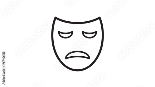 Tragedy mask icon with sad expression and a single thick black outline for theatrical representation.