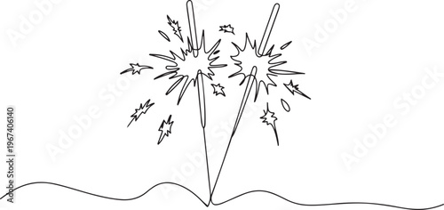 Sparklers burning in continuous line art drawing style. Festive Bengal lights minimalist black linear. one line Icon drawing