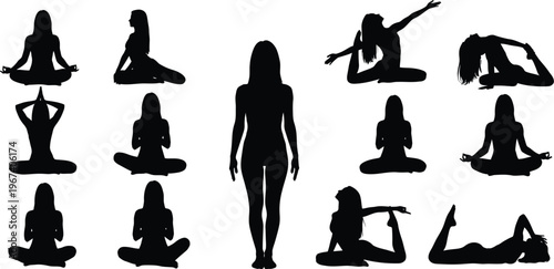 a group of women doing yoga poses in black silhouette on a white background