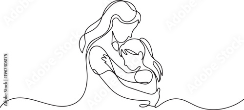 Happy mom with her female child in continuous line art drawing style. Mother and daughter hugging. Minimalist black linear. one line Icon drawing