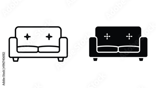 Contrasting design styles of two different sofas with cushions marked for seating.
