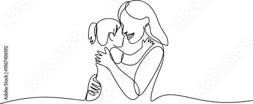 Happy mom with her female child in continuous line art drawing style. Mother and daughter hugging. Minimalist black linear. one line Icon drawing