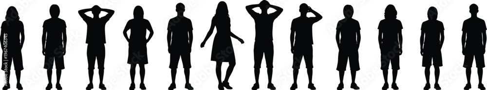 Fototapeta premium A row of twelve black human silhouettes in various poses isolated on a white background.