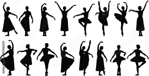 A collection of sixteen black silhouettes of ballet dancers in various elegant poses on a white background