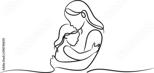 Happy mom with her female child in continuous line art drawing style. Mother and daughter hugging. Minimalist black linear. one line Icon drawing