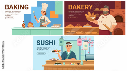 A vibrant kitchen scene showcasing a baker joyfully creating various baked goods, featuring cakes, cookies, and pastries, perfect for culinary enthusiasts and foodie lovers.