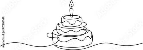 Birthday cake in continuous line art drawing style. Traditional birthday cake with candle on the top minimalist black linear. one line Icon drawing