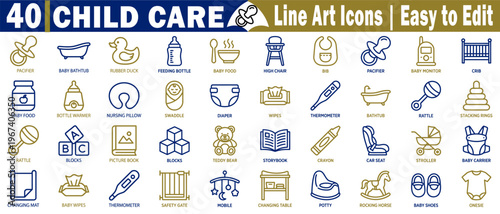 Child care line art icons set. Featuring baby accessories such as a pacifier, bathtub, feeding bottle, high chair bib, crib, and diaper for infant care items vector illustration.