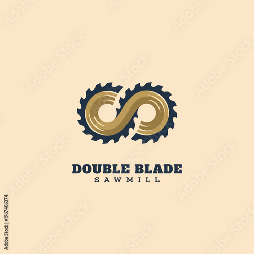 A creative logo showcasing a sawmill with double blades arranged in an infinity symbol, representing strength, durability, and innovative design in the woodworking industry.