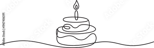 Birthday cake in continuous line art drawing style. Traditional birthday cake with candle on the top minimalist black linear. one line Icon drawing