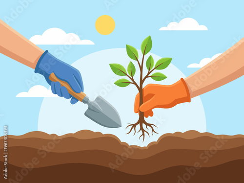 Two hands, one with gloves and a gardening trowel, are seen planting a young tree, symbolizing hope and sustainability in a vibrant, sunny outdoor environment.