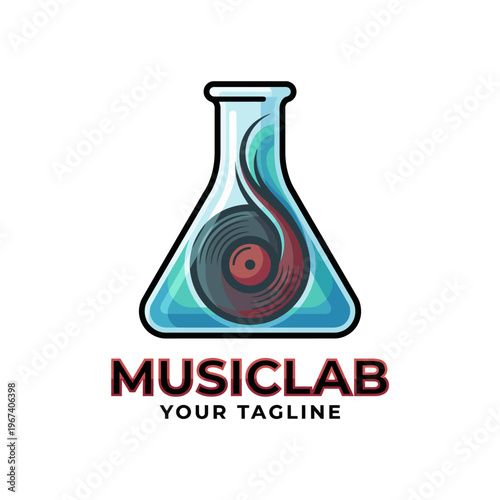 A vibrant logo featuring a lab flask intertwined with a vinyl record, symbolizing the fusion of science and music in a creative space for musical experimentation.