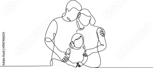 Happy family in continuous line art drawing style. United family portrait of parents and their little girl kid black linear. one line Icon drawing