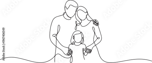 Happy family in continuous line art drawing style. United family portrait of parents and their little girl kid black linear. one line Icon drawing