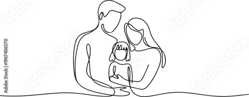 Happy family in continuous line art drawing style. United family portrait of parents and their little girl kid black linear. one line Icon drawing