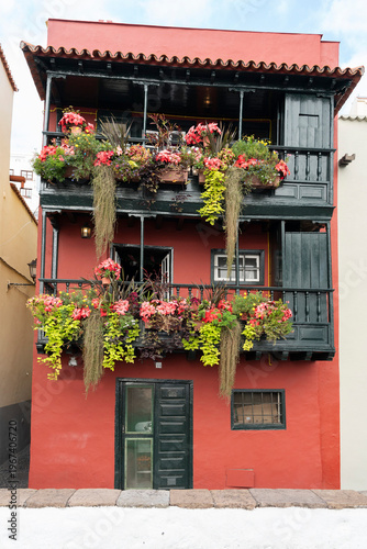 Santa Cruz la Palma traditional house balconies, Canaries, Spain
