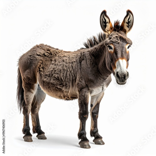 Full-body studio portrait of a brown mule standing centered against a solid white background. Detailed view of the equine hybrid's coarse fur, long ears, dark mane, and hooves.