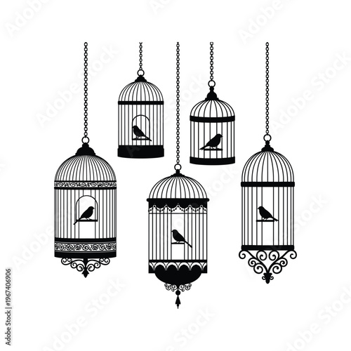 Silhouette of Five Ornate Bird Cages with Birds Hanging on Chains