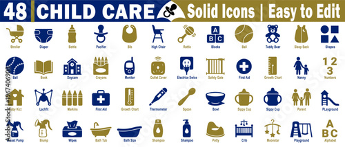 Child care solid icons bundle. Including breast pump, diaper bottle, pacifier, bib, high chair, rattle blocks, ball teddy bear, sleep sack, and nursery tools vector illustration.