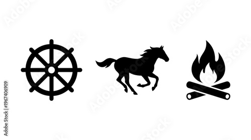 Three vector icons Dharmachakra, horse, and campfire