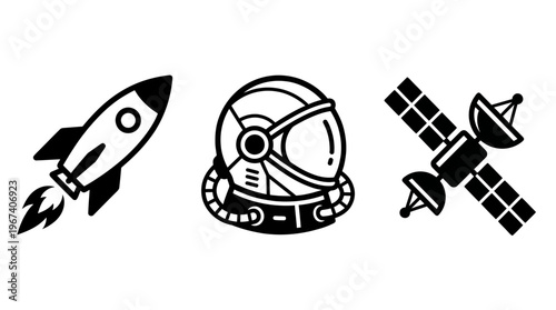 Rocket astronaut helmet and satellite icons for space exploration