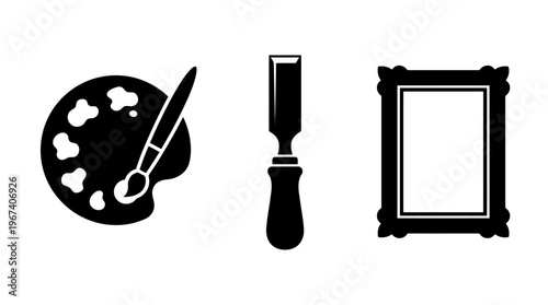 Artistic tools and framed artwork illustration