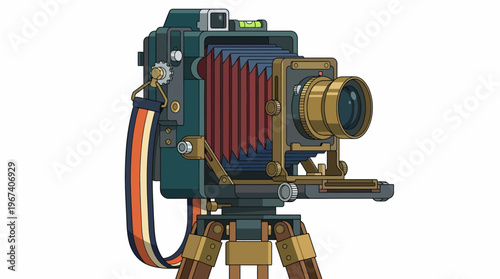 A meticulously illustrated vintage camera showcasing its classic elements like the bellows and brass lens, capturing the charm of old photography equipment in a creative way.