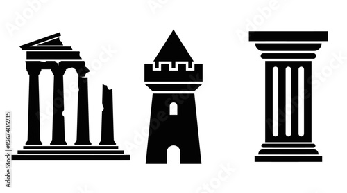 Architectural icons ancient ruins, tower, and column