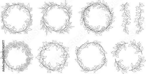 Floral Wreaths Collection with Hand-drawn Circular Flower Arrangements for Wedding Invitations, Seasonal Celebrations, and Decorative Designs