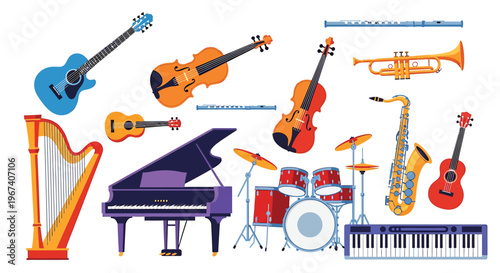Musical Instruments Collection Isolated on White Background