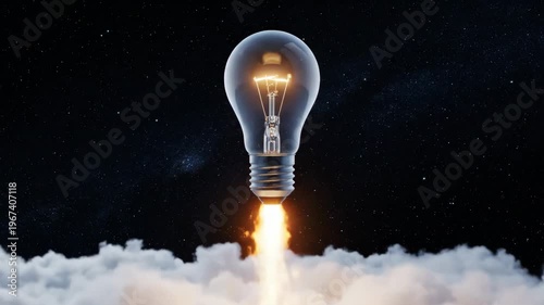 Creative idea as a lightbulb rocket launching into space above the clouds. Conceptual sequence representing innovation, startup growth, and new project success