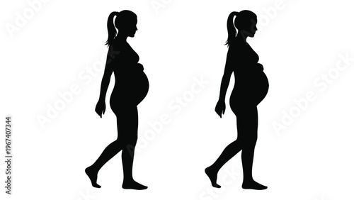 Silhouettes of a pregnant woman in two different poses highlighting the changing form