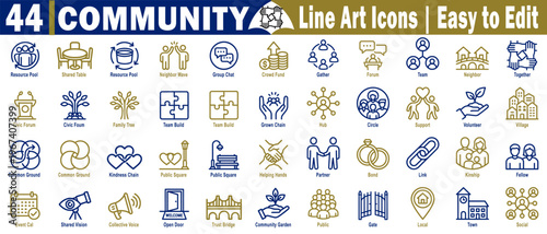 Community line art icons. Collection with resource pool shared table, neighbor wave group chat crowdfunding, gather forum team, and neighborhood graphics. vector illustration.
