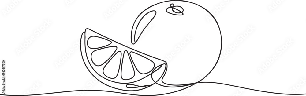 Obraz premium Orange fruit whole and a slice in continuous line art drawing style. one line Icon drawing