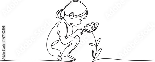 Child smelling flower in continuous line art drawing style. Small girl squatted down to sniff the fragrant flower. one line Icon drawing