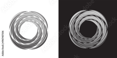 Modern abstract background. Halftone dots in circle form. Spiral logo, icon or design element. Black dots on a white background and white dots on the black side.