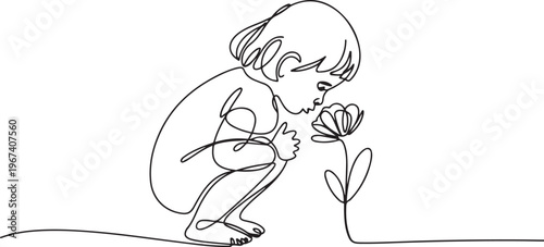 Child smelling flower in continuous line art drawing style. Small girl squatted down to sniff the fragrant flower. one line Icon drawing