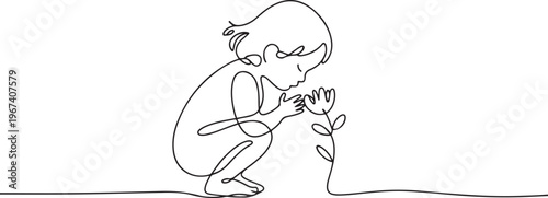 Child smelling flower in continuous line art drawing style. Small girl squatted down to sniff the fragrant flower. one line Icon drawing