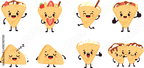 Cute Cartoon Crepe Characters Illustration Set with Happy Faces, Sweet Fillings, Fruits, and Fun Dessert Mascot Designs