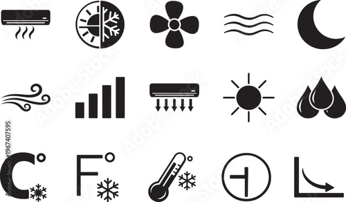 Simple set of air conditioning icons showing cooling systems, ventilation and climate control elements